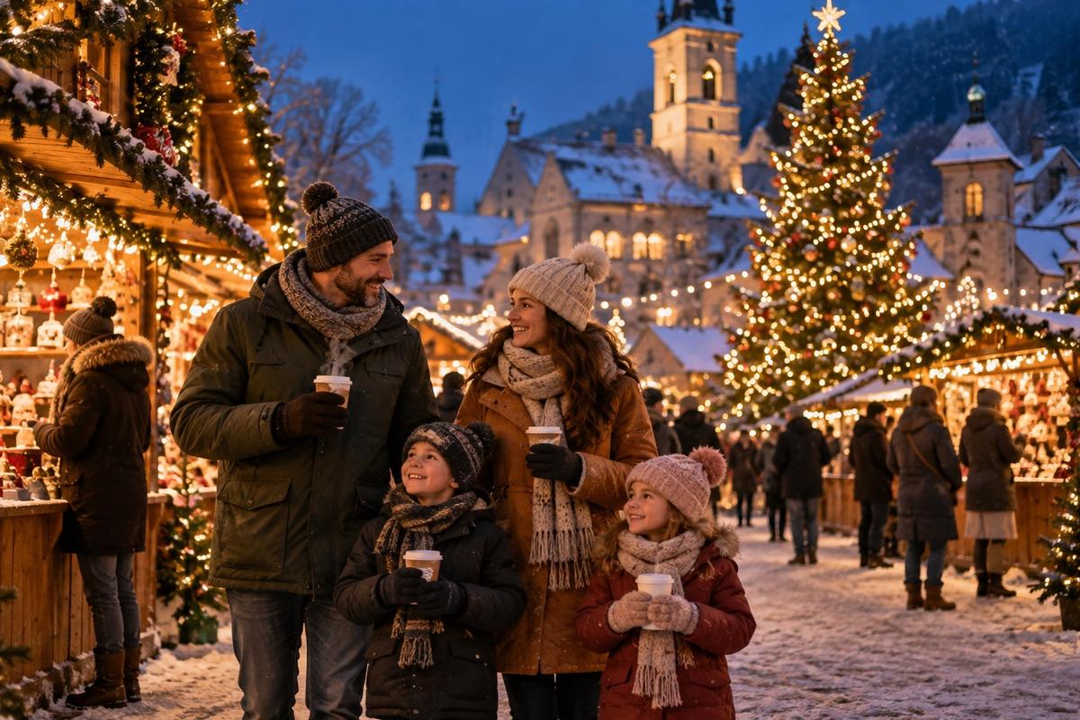 A family with hot drinks at a lit Christmas market at dusk