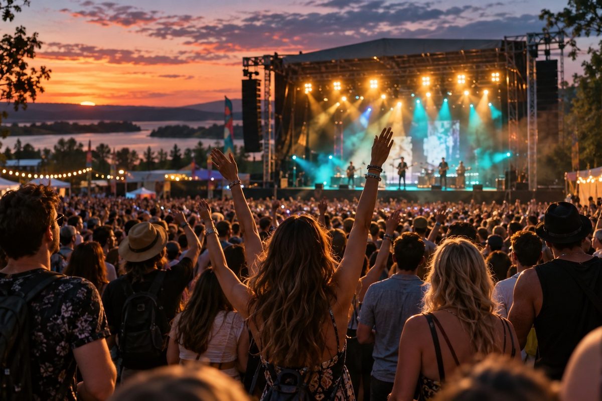 A crowd facing a lit festival stage at sunset