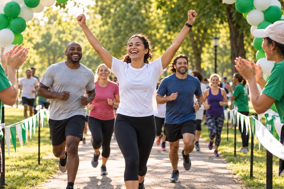 Runners crossing the finish line at a charity fun run