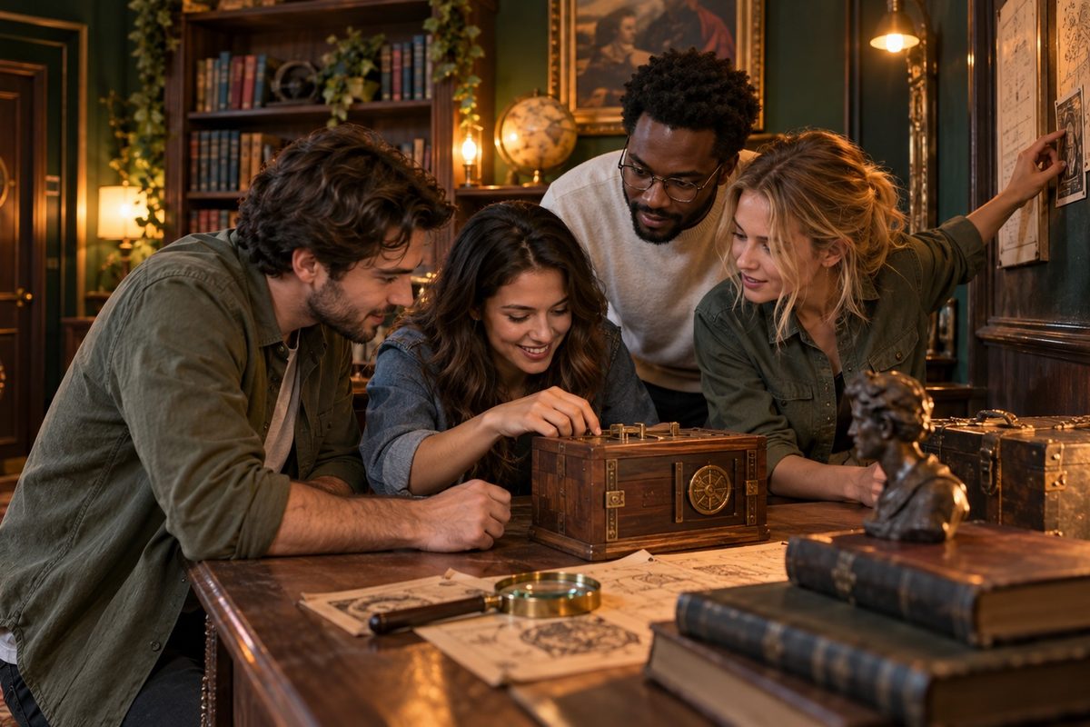 Four people working a puzzle box together in a themed escape room