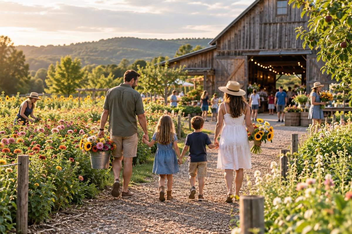 A family walking a flower-lined path towards a barn at a farm event