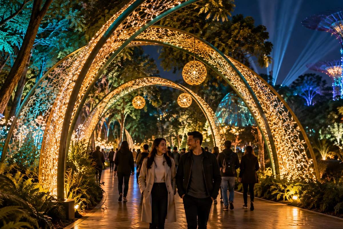 Visitors walking through illuminated arches on a night light trail
