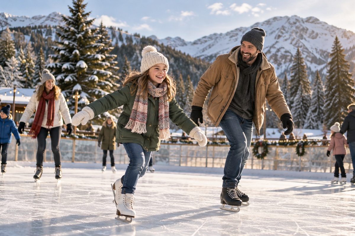 Skaters on an outdoor ice rink with snowy mountains behind