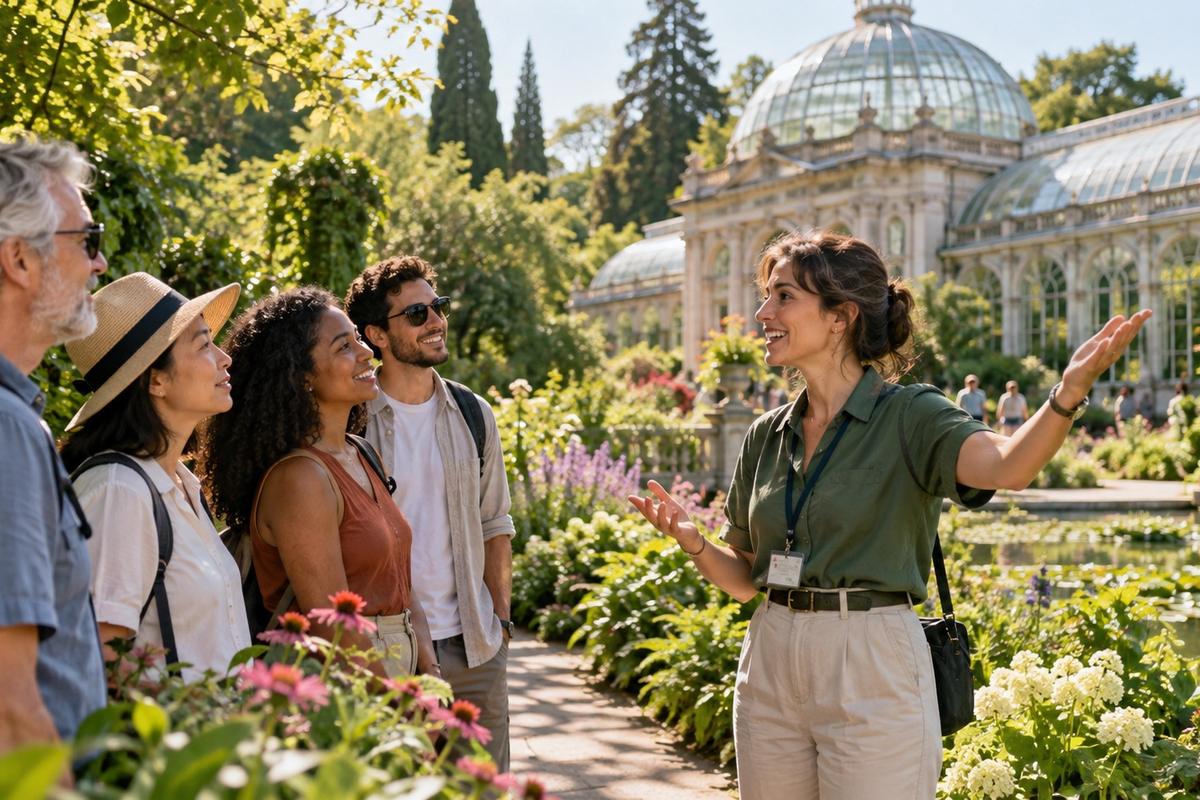 A guide leading a small group through a botanical garden