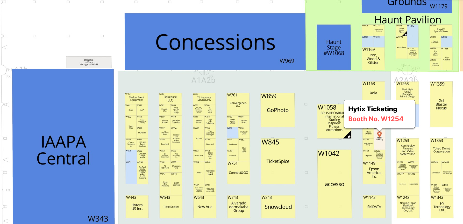 Hytix Ticketing booth W1254 marked on the IAAPA Expo West Building floor plan