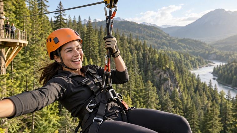 A woman riding a zip line above a forested river valley