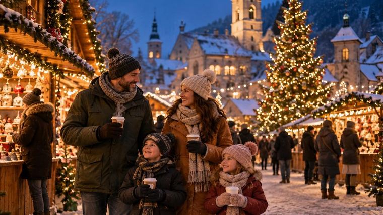 A family with hot drinks at a lit Christmas market at dusk