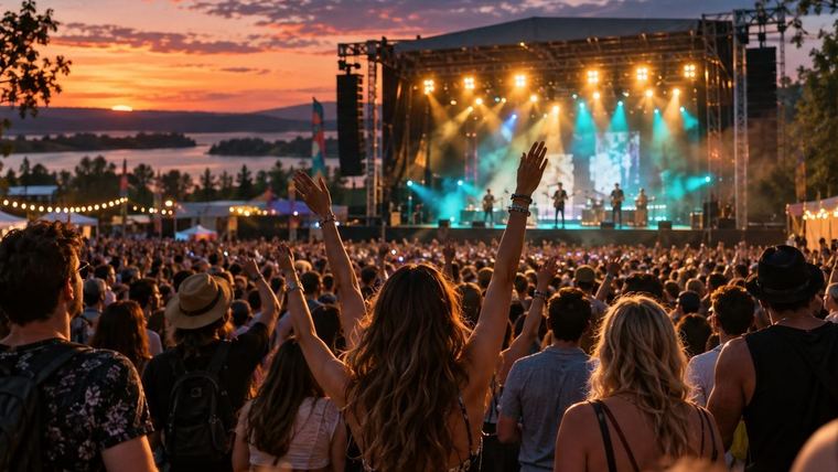 A crowd facing a lit festival stage at sunset