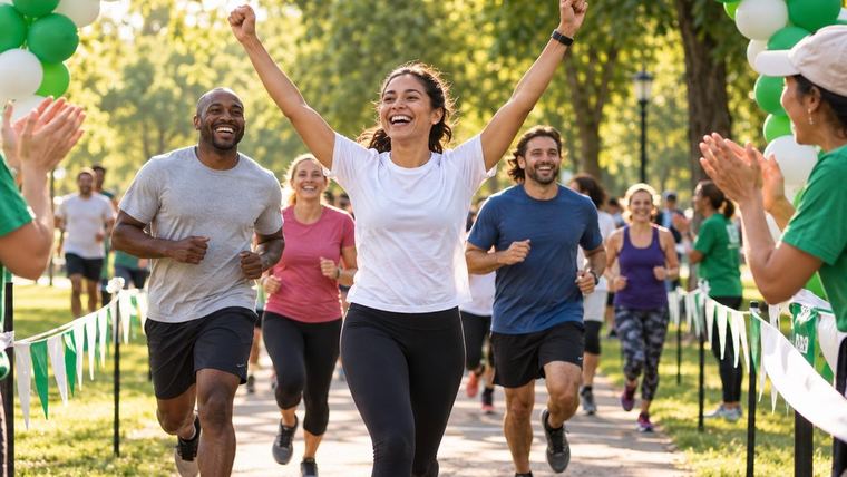 Runners crossing the finish line at a charity fun run