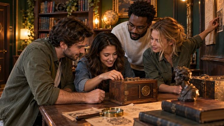Four people working a puzzle box together in a themed escape room