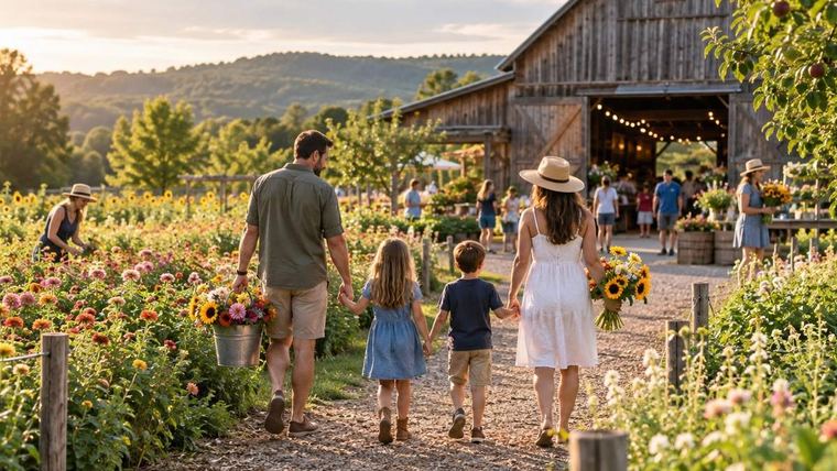 A family walking a flower-lined path towards a barn at a farm event