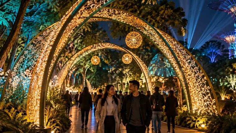 Visitors walking through illuminated arches on a night light trail
