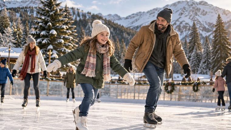 Skaters on an outdoor ice rink with snowy mountains behind