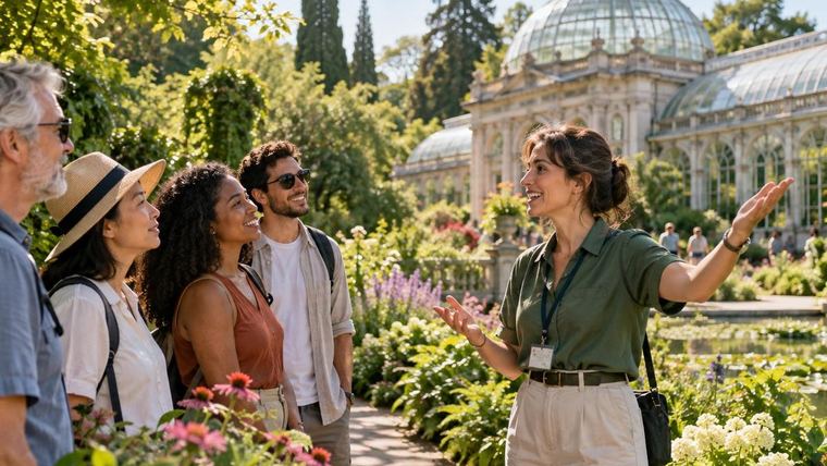 A guide leading a small group through a botanical garden